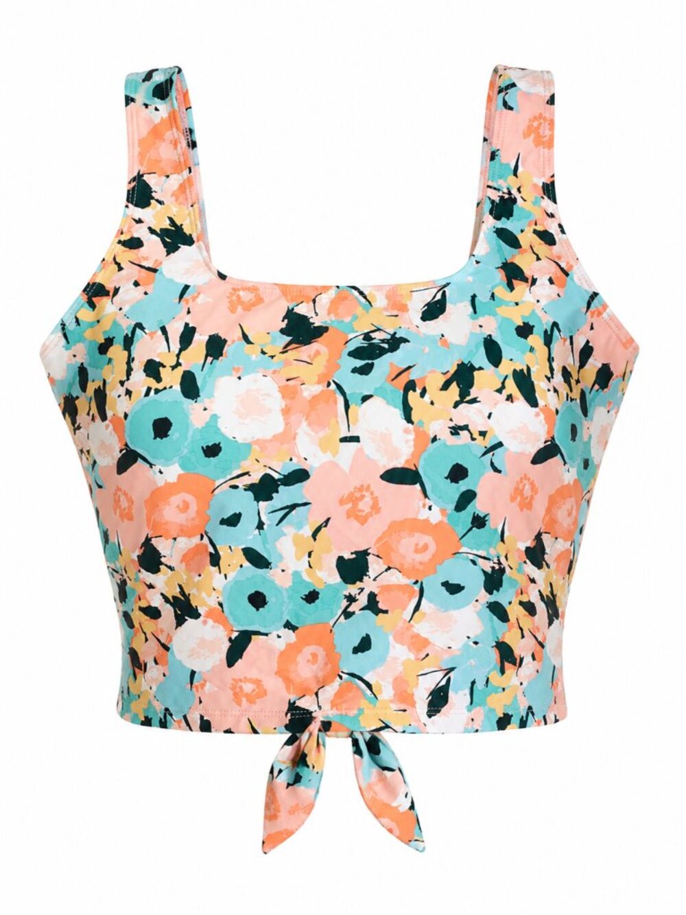 Janela Bay Cropped Tankini Swim Top with Open Ladder Back Peach and Teal Floral